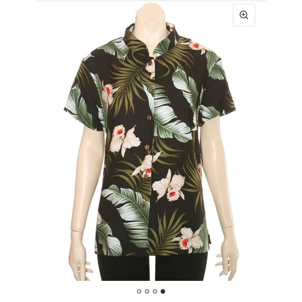 Hilo Hattie Hawaiian Orchid Palm‎ Tree Blouse 2XL Black White Tropical Aloha